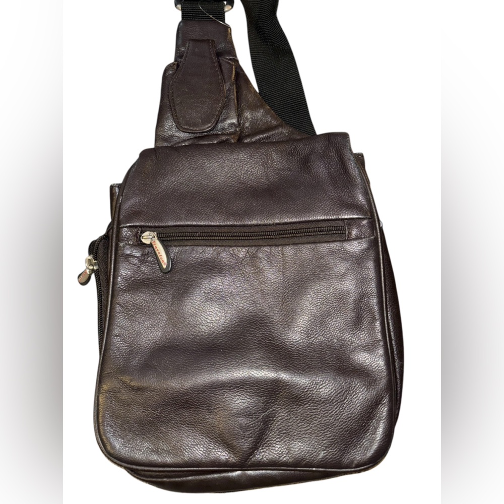 Travelon Crossbody Sling Bag Purse Organizer Brown Leather expandable